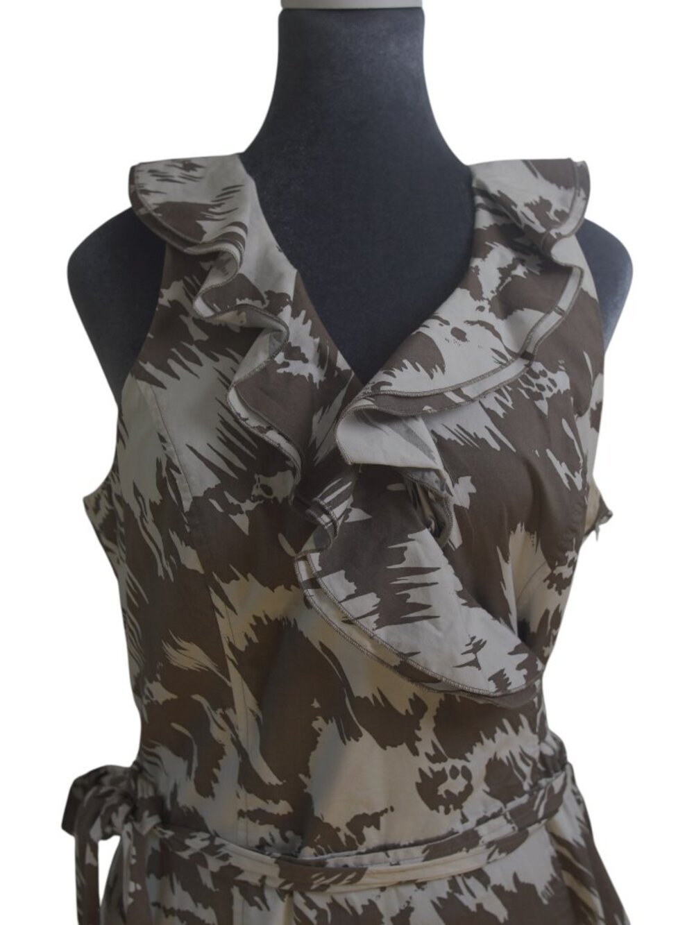 Ann Taylor Faux Wrap Fit & Flare Dress 14 Neutral Abstract Print Feminine EUC - Picture 4 of 15